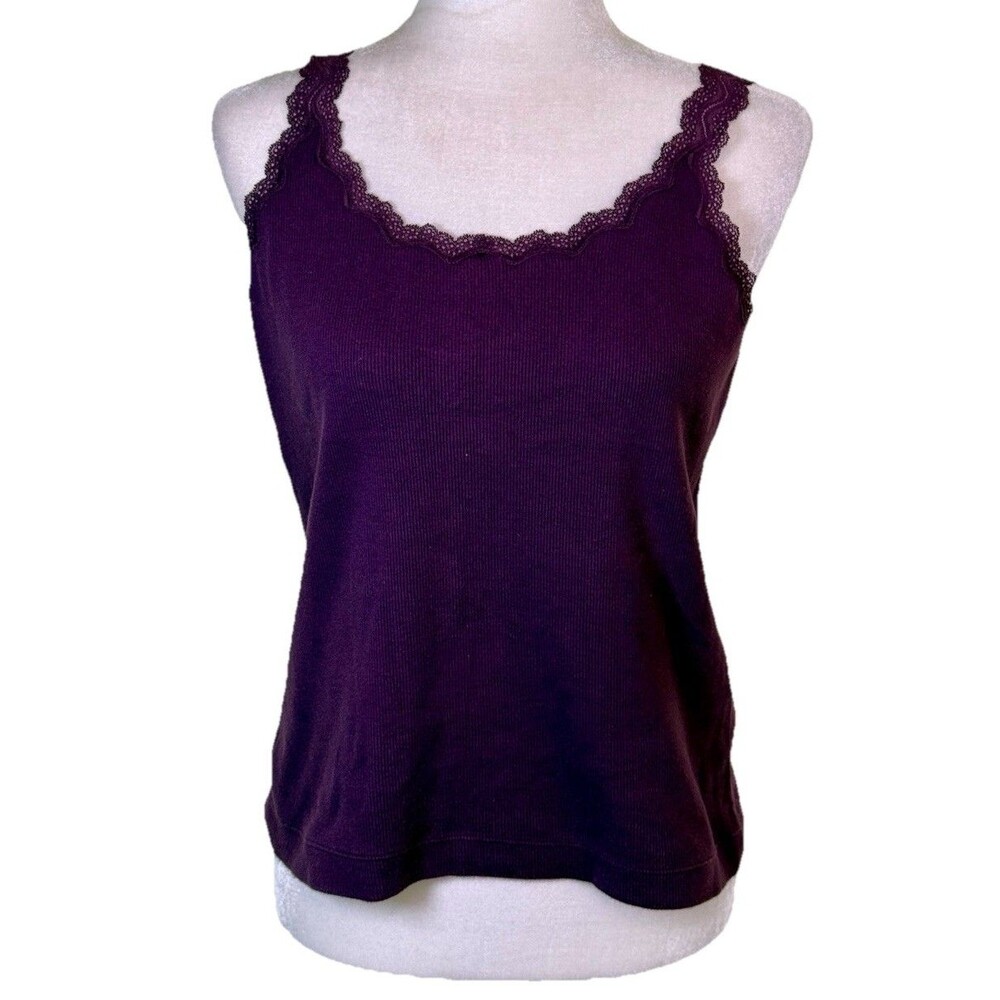 Women’s Y2K Purple Ribbed Knit Lace Edge‎ Tank Top Feminine Coquette Cami Sz Med